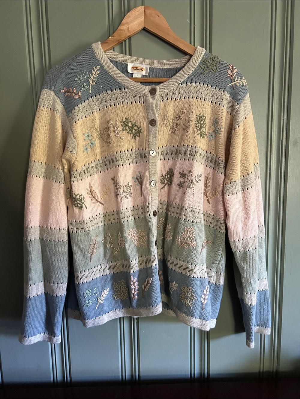 Talbots Pastel Striped Floral Embroidered Cardigan Sweater - Women
